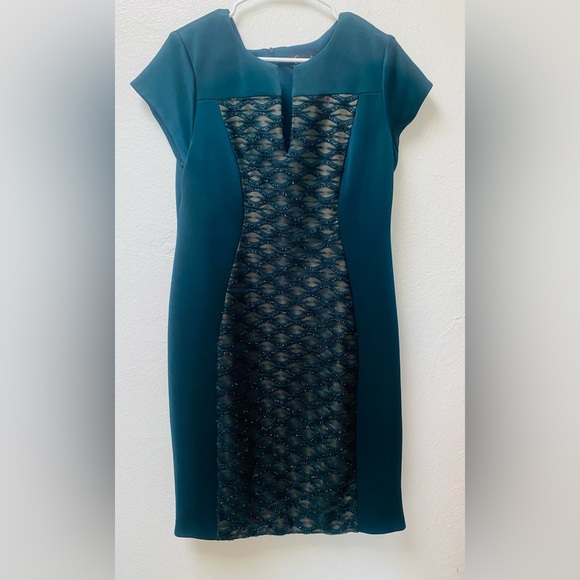 CONNECTED Apparel sz 14Sheath Dress Stretch Knit Maroon Green Nude LaceFront - Picture 1 of 8
